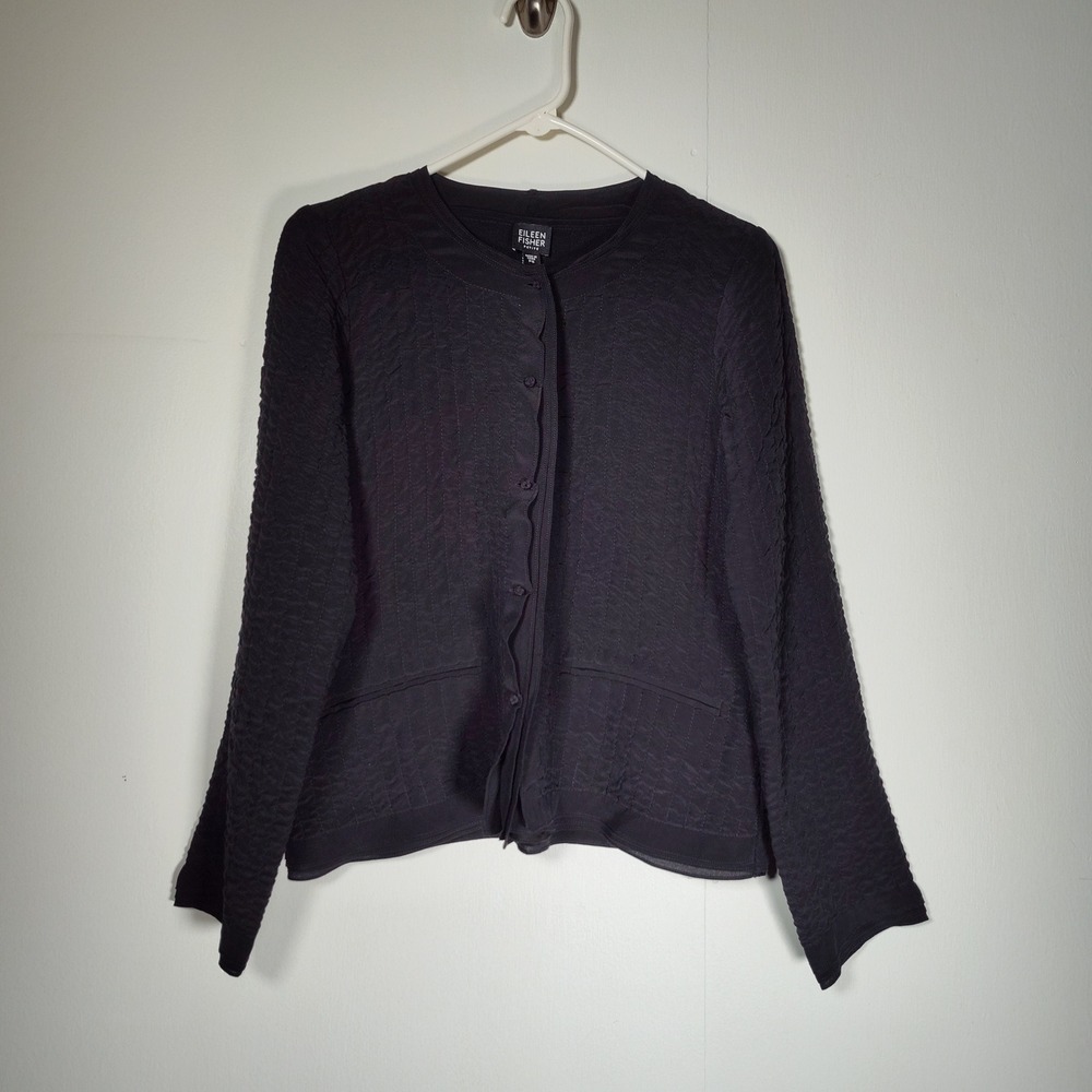 Eileen Fisher 100% Silk Black Textured Crinkle Button Front Jacket Petite Small
